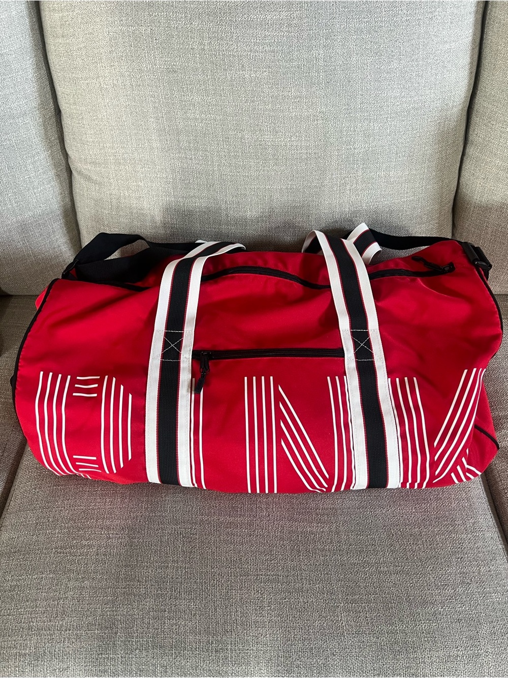 PINK Victoria's Secret Red Duffel with White-Striped Logo